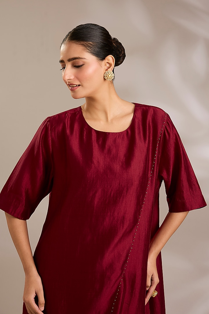 Cherry Red Chanderi Silk Asymmetrical Tunic Set by Sonal Singh at Pernia's Pop Up Shop