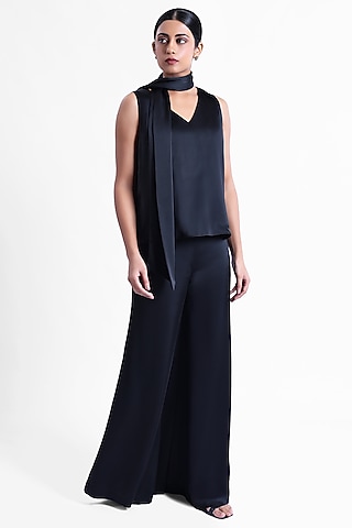 Black Satin Cami Top With Tie by Sonal Singh