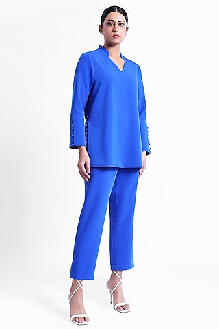 Electric Blue Banana Crepe Co-Ord Set by Sonal Singh