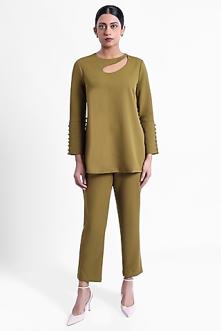 Olive Green Banana Crepe Co-Ord Set by Sonal Singh