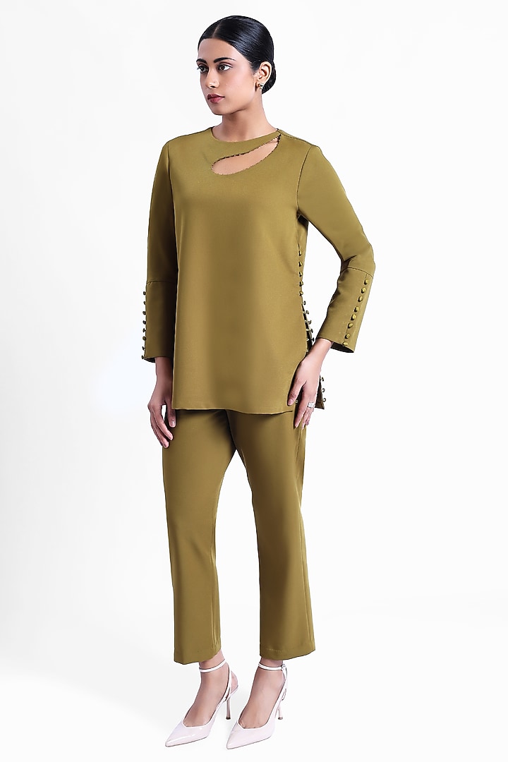 Olive Green Banana Crepe Co-Ord Set by Sonal Singh at Pernia's Pop Up Shop