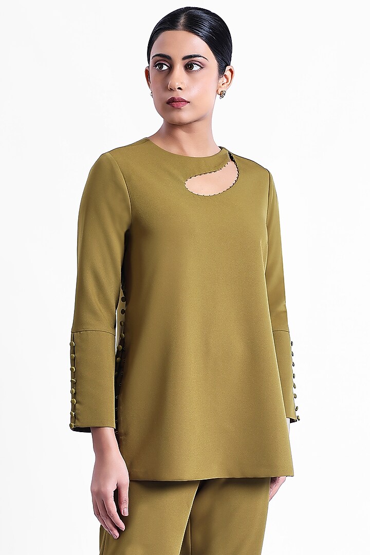 Olive Green Banana Crepe Co-Ord Set by Sonal Singh at Pernia's Pop Up Shop