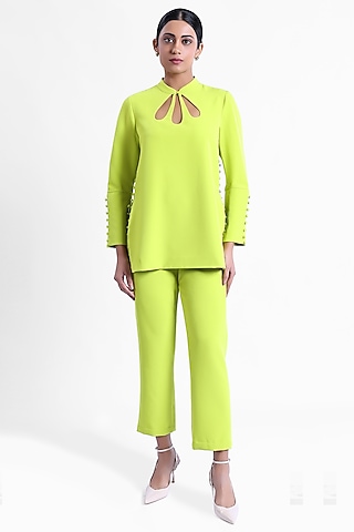Neon Banana Crepe Embroidered Co-Ord Set by Sonal Singh