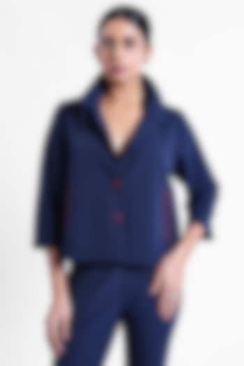 Blue & Red Banana Crepe Embroidered Swing Jacket by Sonal Singh at Pernia's Pop Up Shop