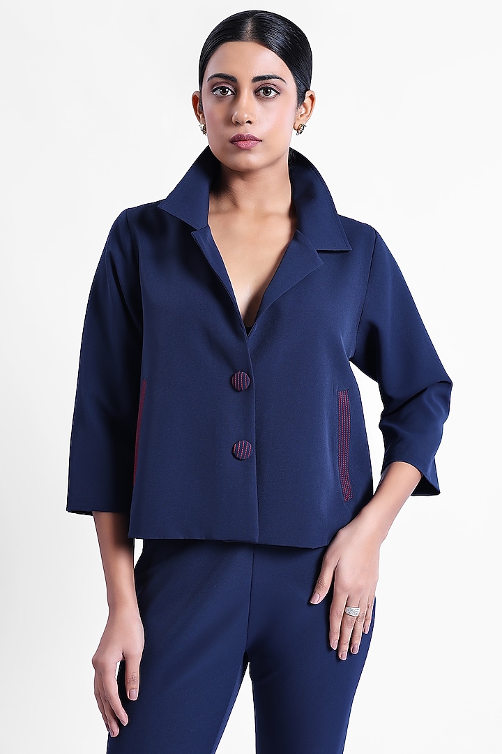 Blue & Red Banana Crepe Embroidered Swing Jacket by Sonal Singh at Pernia's Pop Up Shop