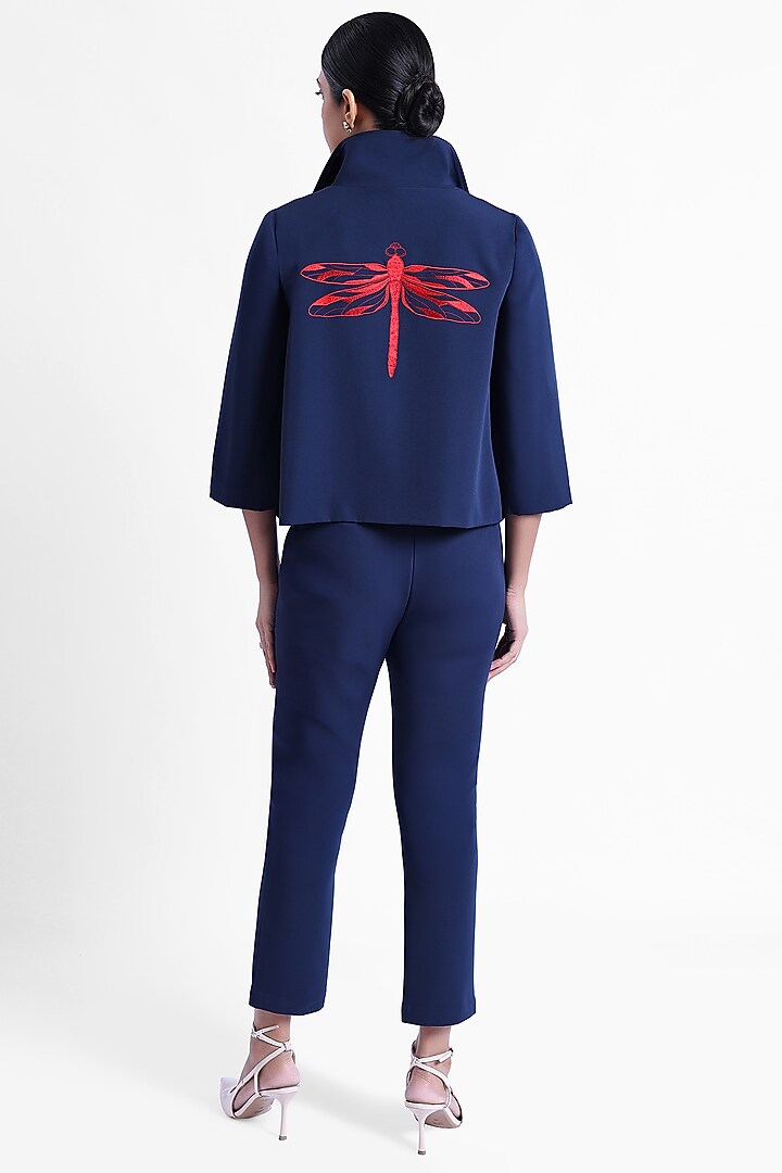 Blue & Red Banana Crepe Embroidered Swing Jacket by Sonal Singh at Pernia's Pop Up Shop