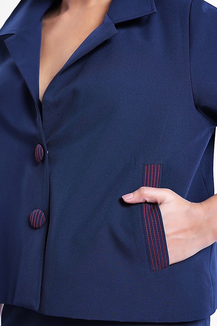 Blue & Red Banana Crepe Embroidered Swing Jacket by Sonal Singh at Pernia's Pop Up Shop