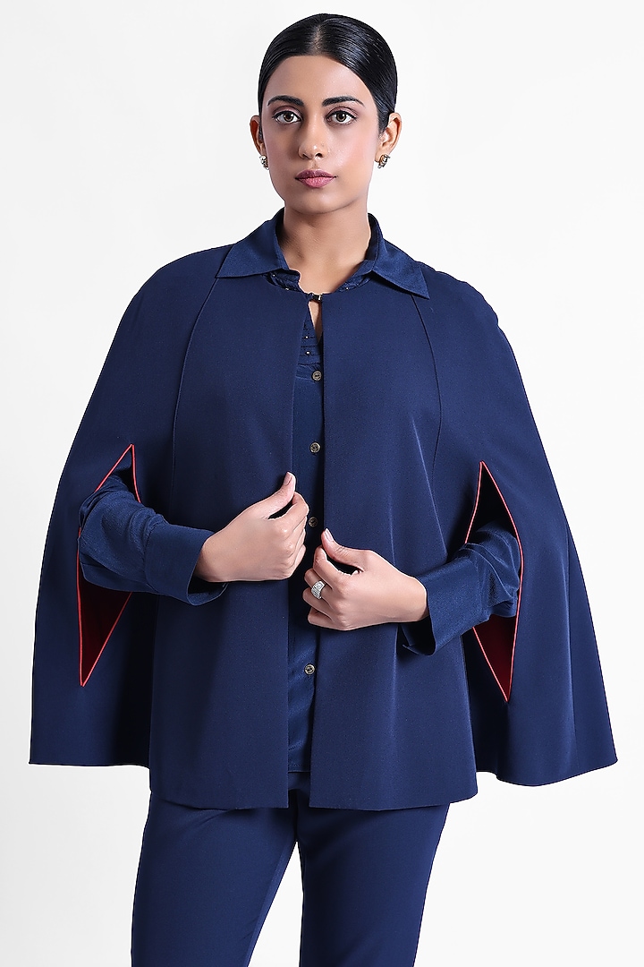 Blue Banana Crepe & Armani Satin Cape by Sonal Singh at Pernia's Pop Up Shop