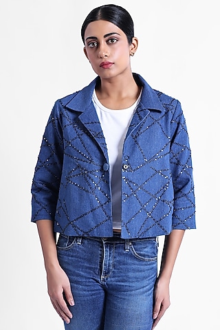 Blue Denim & Suede Beadwork Swing Jacket by Sonal Singh