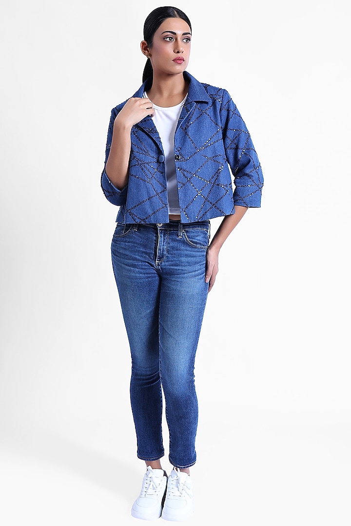 Blue Denim & Suede Beadwork Swing Jacket by Sonal Singh at Pernia's Pop Up Shop