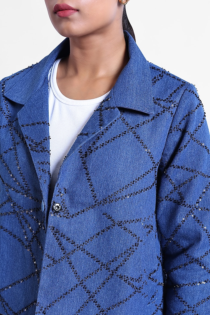 Blue Denim & Suede Beadwork Swing Jacket by Sonal Singh at Pernia's Pop Up Shop