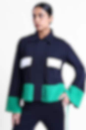 Navy & Green Fleece Fabric Jacket by Sonal Singh at Pernia's Pop Up Shop