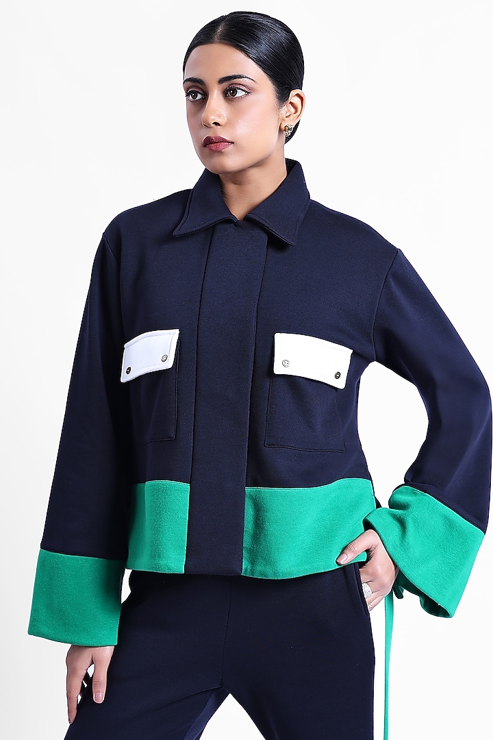 Navy & Green Fleece Fabric Jacket by Sonal Singh at Pernia's Pop Up Shop