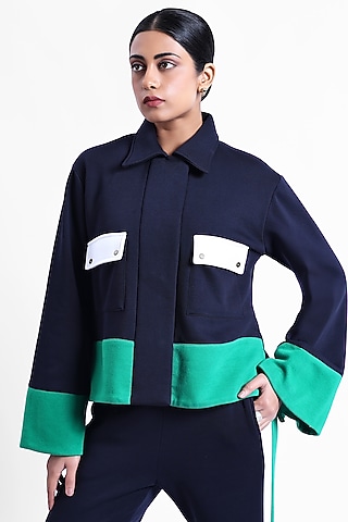 Navy & Green Fleece Fabric Jacket by Sonal Singh