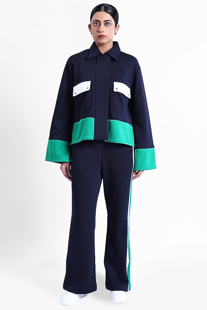 Navy & Green Fleece Fabric Jacket by Sonal Singh at Pernia's Pop Up Shop