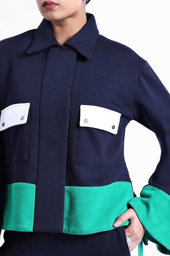 Navy & Green Fleece Fabric Jacket by Sonal Singh at Pernia's Pop Up Shop