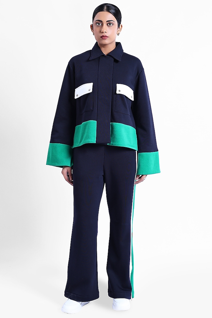 Navy & Green Fleece Fabric Sweatpants by Sonal Singh at Pernia's Pop Up Shop