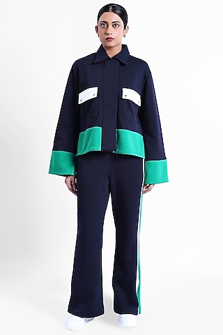 Navy & Green Fleece Fabric Sweatpants by Sonal Singh