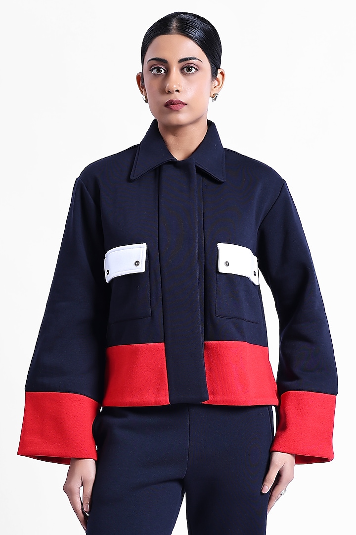 Blue Fleece Fabric Jacket by Sonal Singh at Pernia's Pop Up Shop