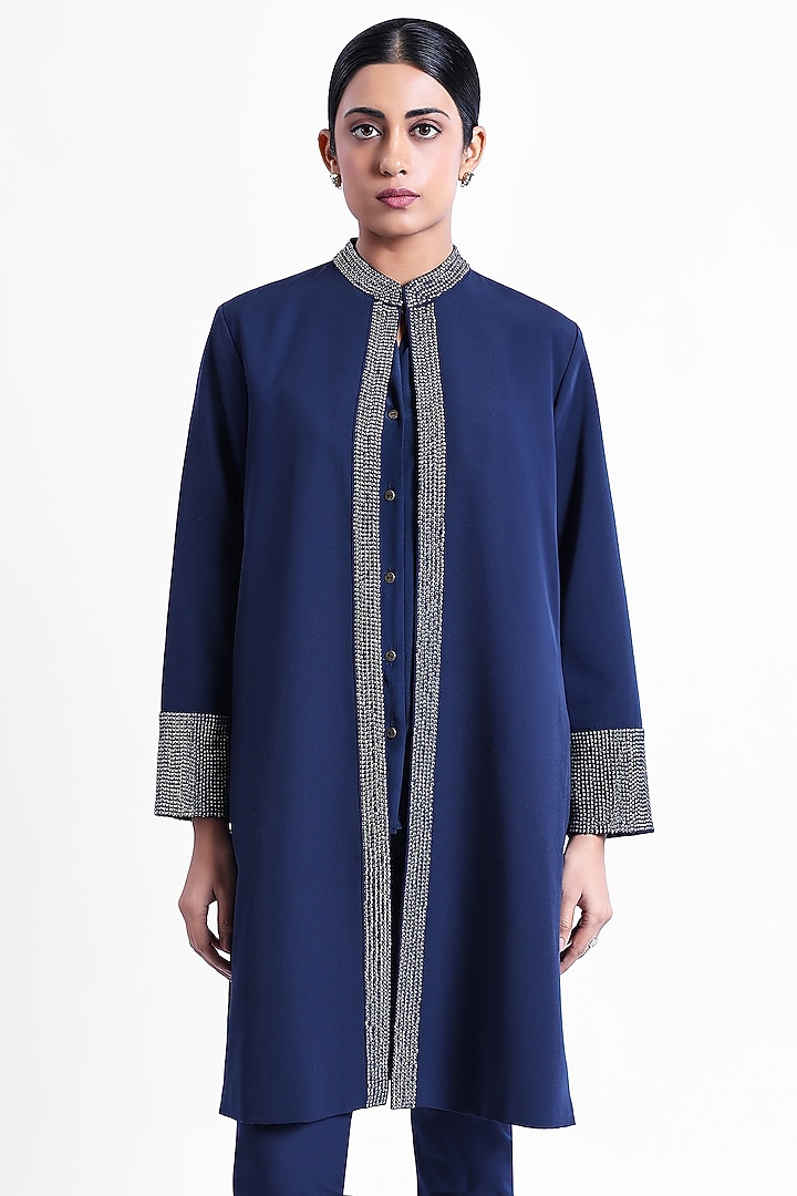 Midnight Blue Banana Crepe Hand Embellished Jacket by Sonal Singh at Pernia's Pop Up Shop