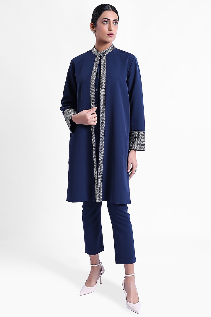 Midnight Blue Banana Crepe Hand Embellished Jacket by Sonal Singh at Pernia's Pop Up Shop