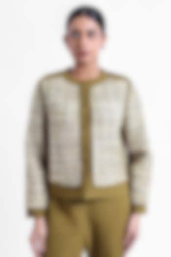 Olive Green Banana Crepe & Tweed Patchwork Jacket by Sonal Singh at Pernia's Pop Up Shop