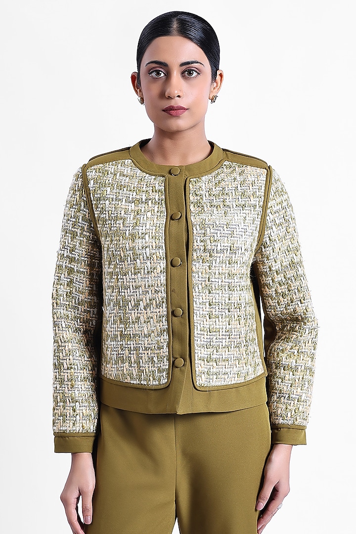 Olive Green Banana Crepe & Tweed Patchwork Jacket by Sonal Singh at Pernia's Pop Up Shop