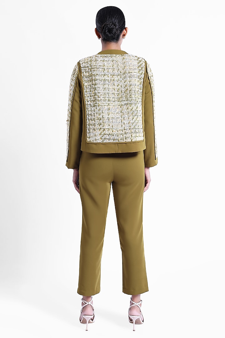 Olive Green Banana Crepe & Tweed Patchwork Jacket by Sonal Singh at Pernia's Pop Up Shop