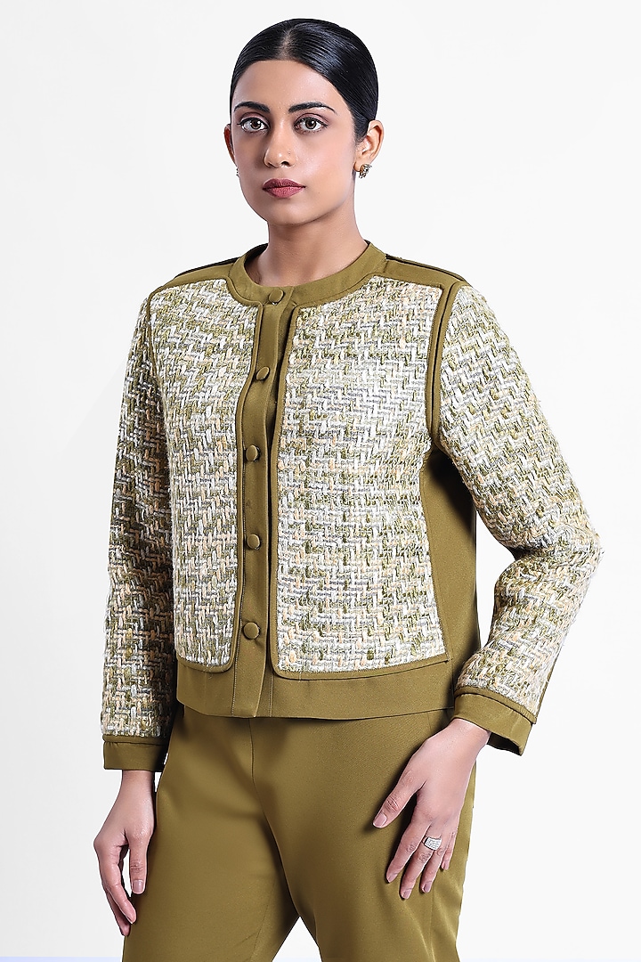 Olive Green Banana Crepe & Tweed Patchwork Jacket by Sonal Singh at Pernia's Pop Up Shop