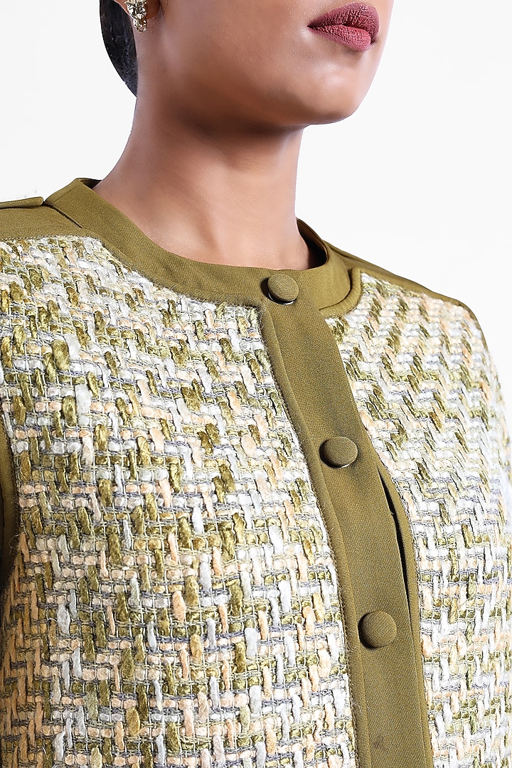 Olive Green Banana Crepe & Tweed Patchwork Jacket by Sonal Singh at Pernia's Pop Up Shop