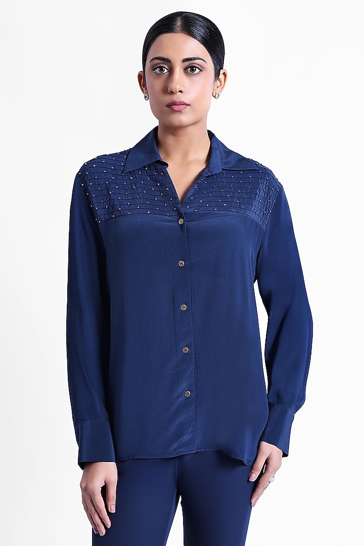 Blue Silk Crepe Beadwork Shirt by Sonal Singh at Pernia's Pop Up Shop