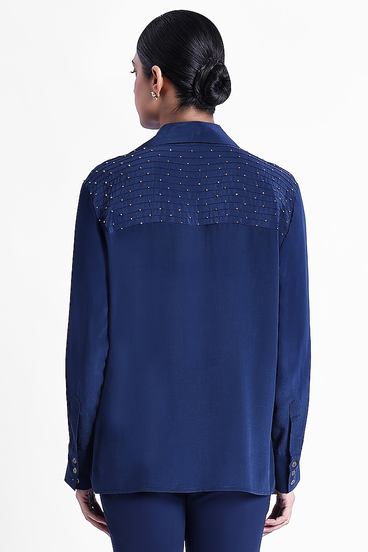 Blue Silk Crepe Beadwork Shirt by Sonal Singh at Pernia's Pop Up Shop