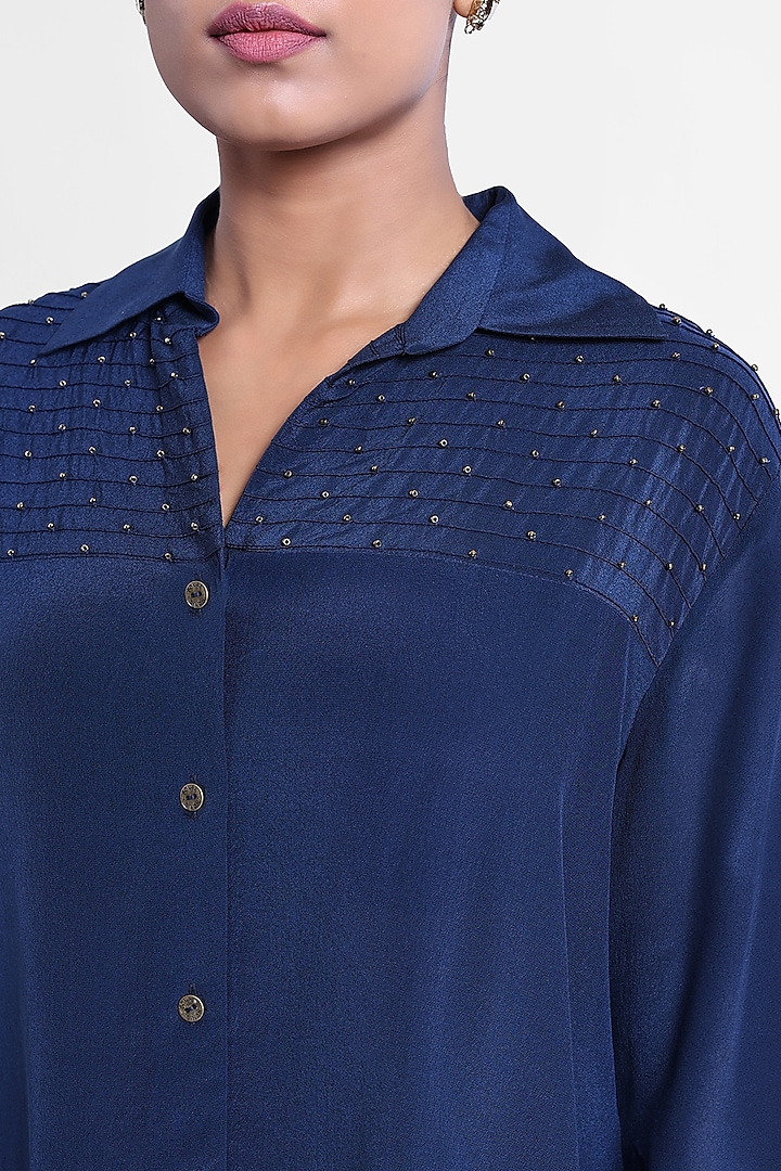 Blue Silk Crepe Beadwork Shirt by Sonal Singh at Pernia's Pop Up Shop