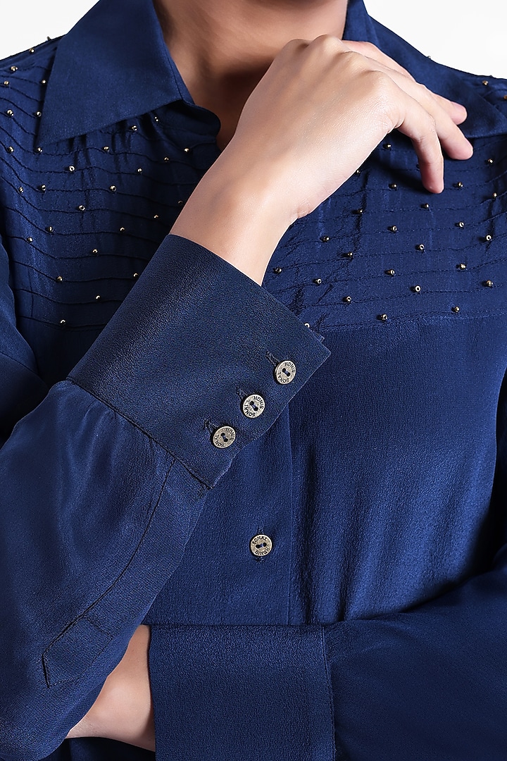 Blue Silk Crepe Beadwork Shirt by Sonal Singh at Pernia's Pop Up Shop