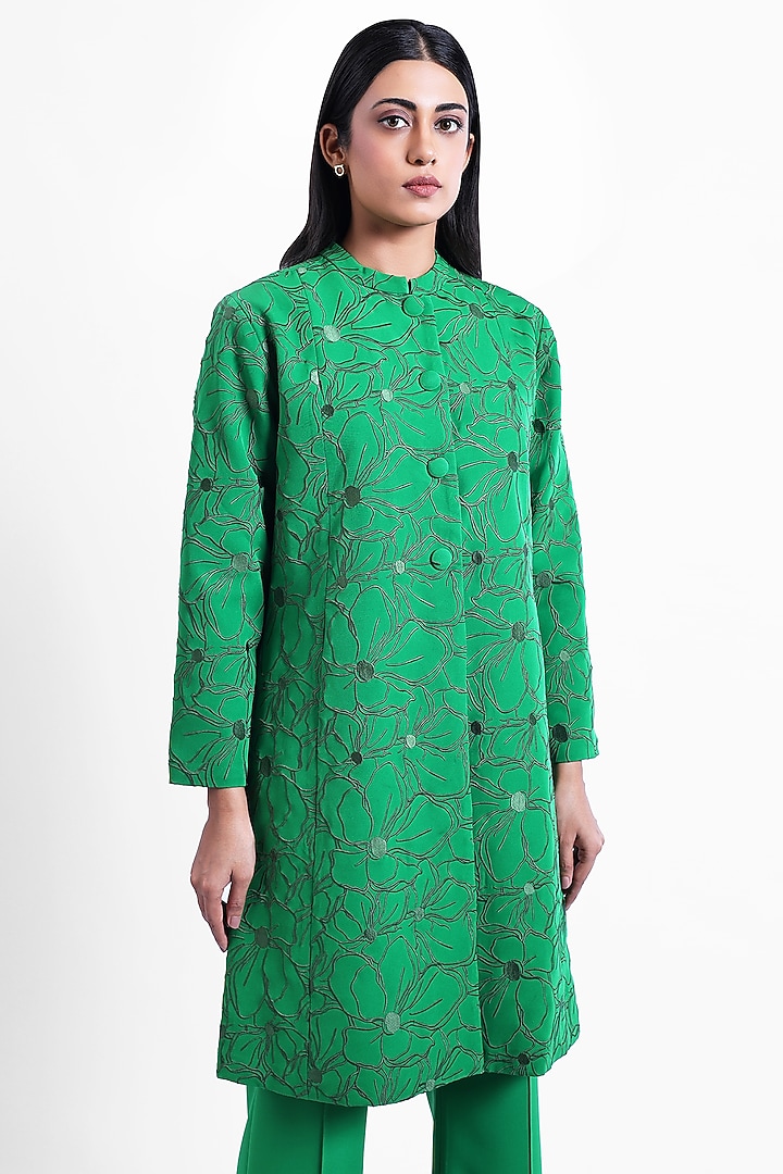 Green Banana Crepe Thread Embroidered Jacket by Sonal Singh at Pernia's Pop Up Shop
