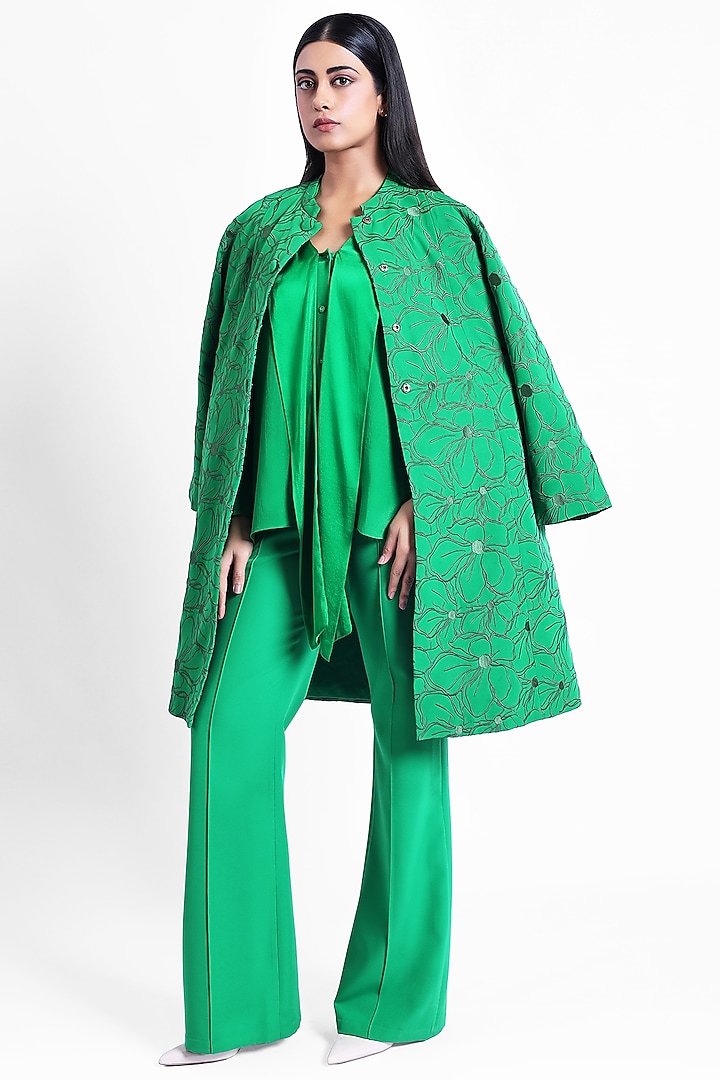 Green Banana Crepe Thread Embroidered Jacket by Sonal Singh at Pernia's Pop Up Shop