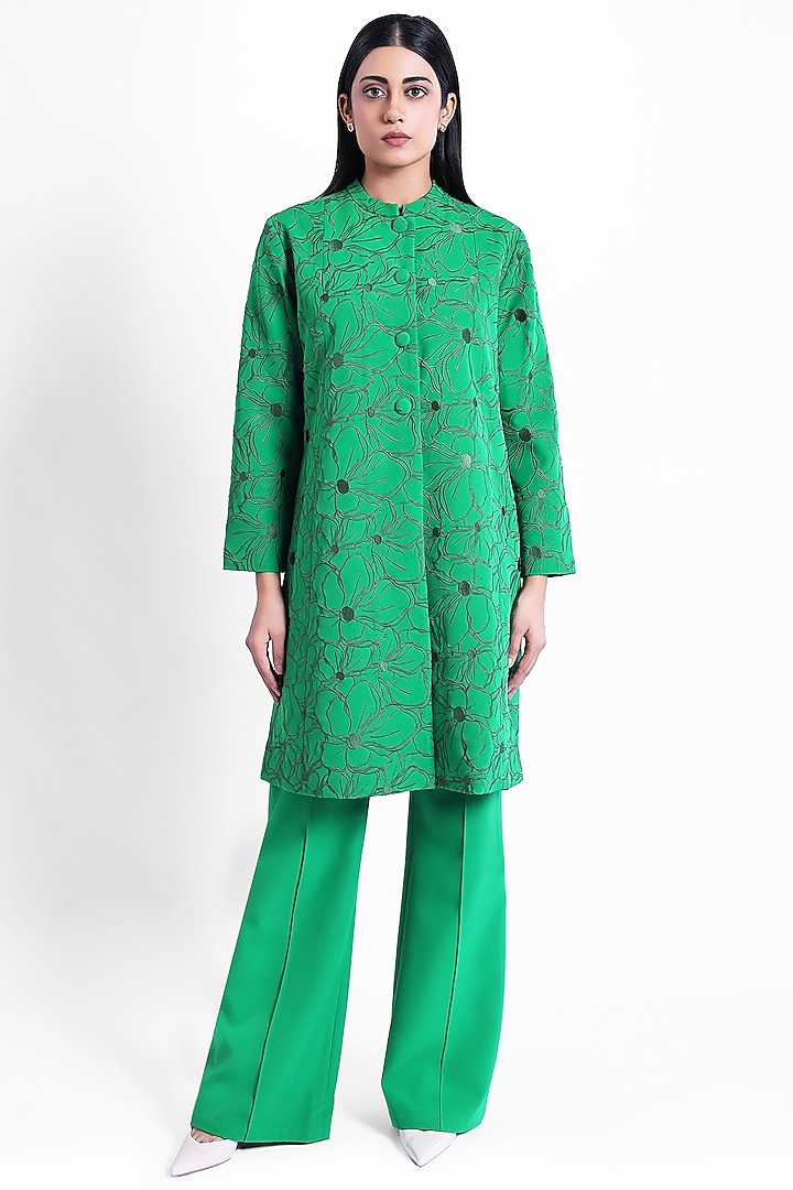 Green Banana Crepe Thread Embroidered Jacket by Sonal Singh at Pernia's Pop Up Shop