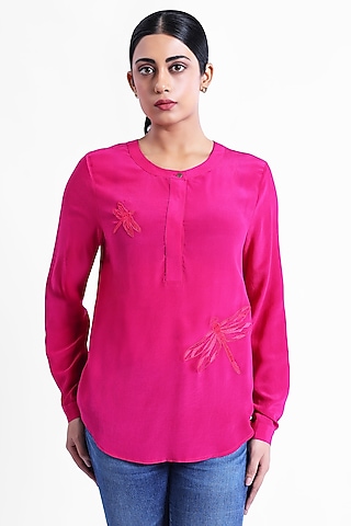 Pink Silk Crepe Dragonfly Embroidered Top by Sonal Singh