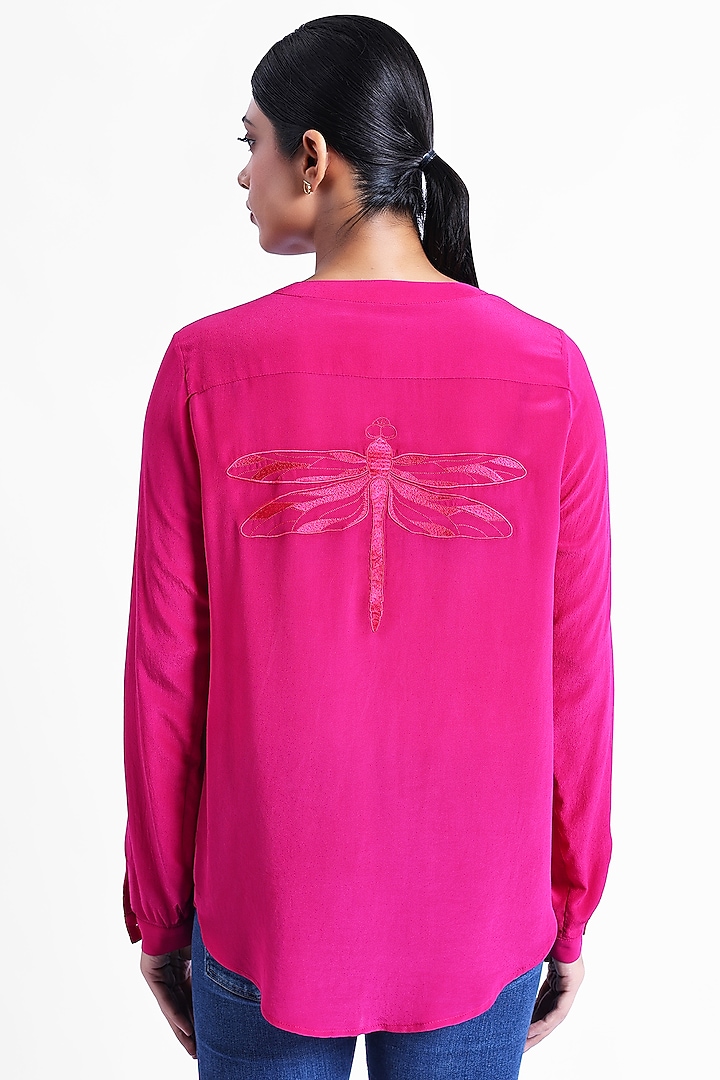 Pink Silk Crepe Dragonfly Embroidered Top by Sonal Singh at Pernia's Pop Up Shop