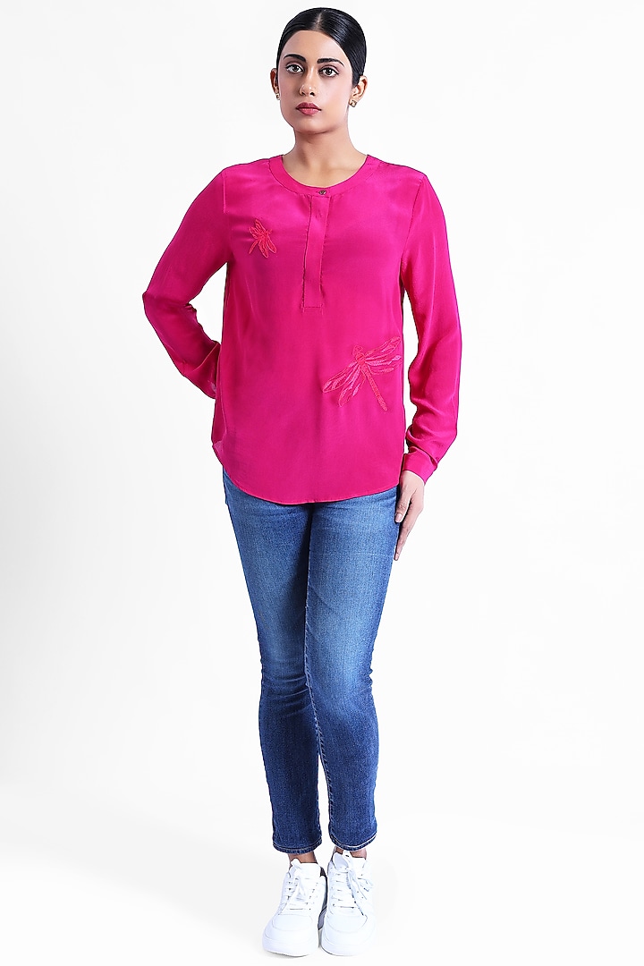 Pink Silk Crepe Dragonfly Embroidered Top by Sonal Singh at Pernia's Pop Up Shop