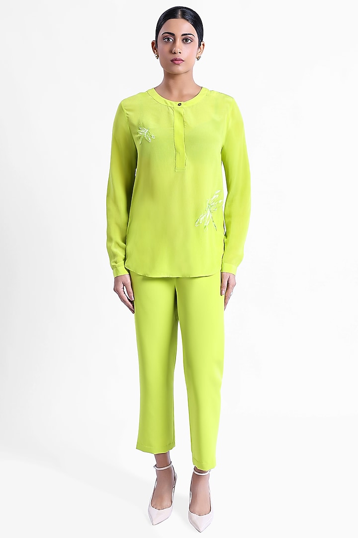 Neon Silk Crepe Dragonfly Embroidered Top by Sonal Singh at Pernia's Pop Up Shop