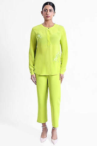 Neon Silk Crepe Dragonfly Embroidered Top by Sonal Singh