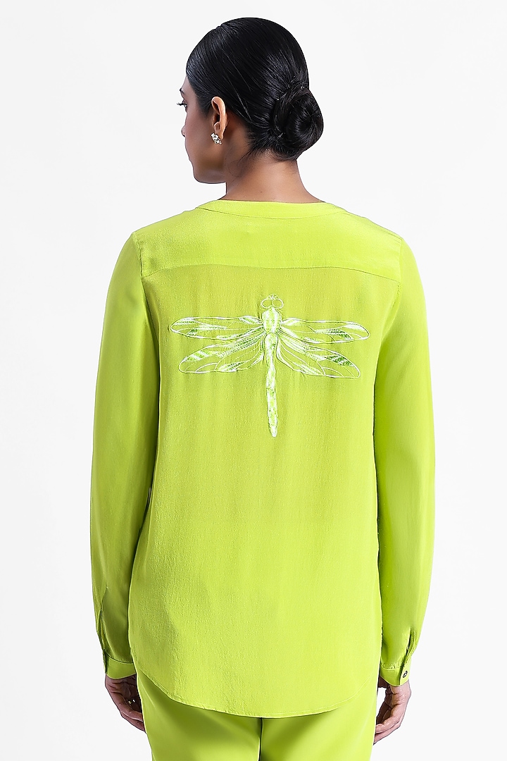Neon Silk Crepe Dragonfly Embroidered Top by Sonal Singh at Pernia's Pop Up Shop