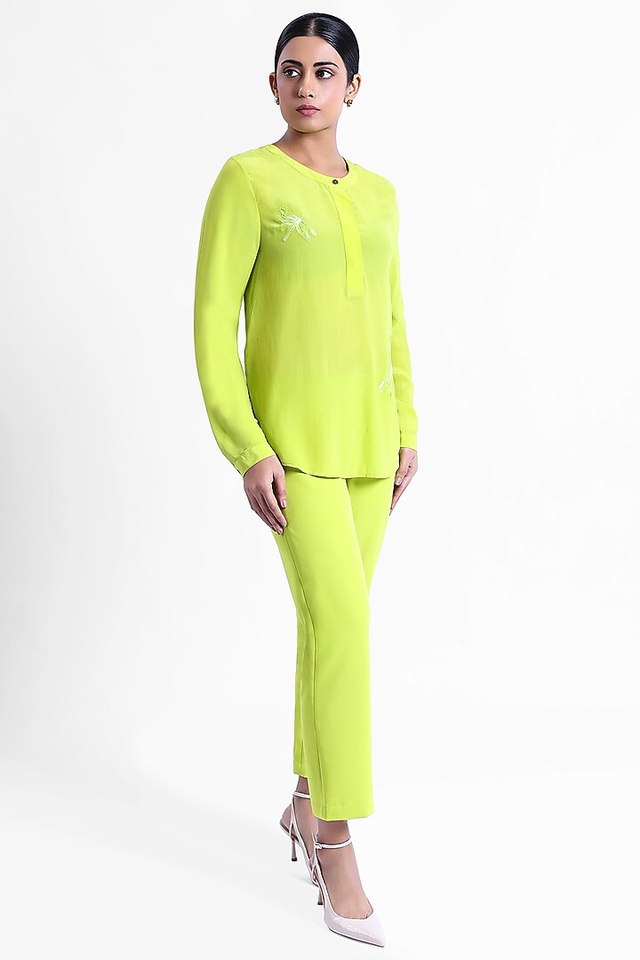 Neon Silk Crepe Dragonfly Embroidered Top by Sonal Singh at Pernia's Pop Up Shop