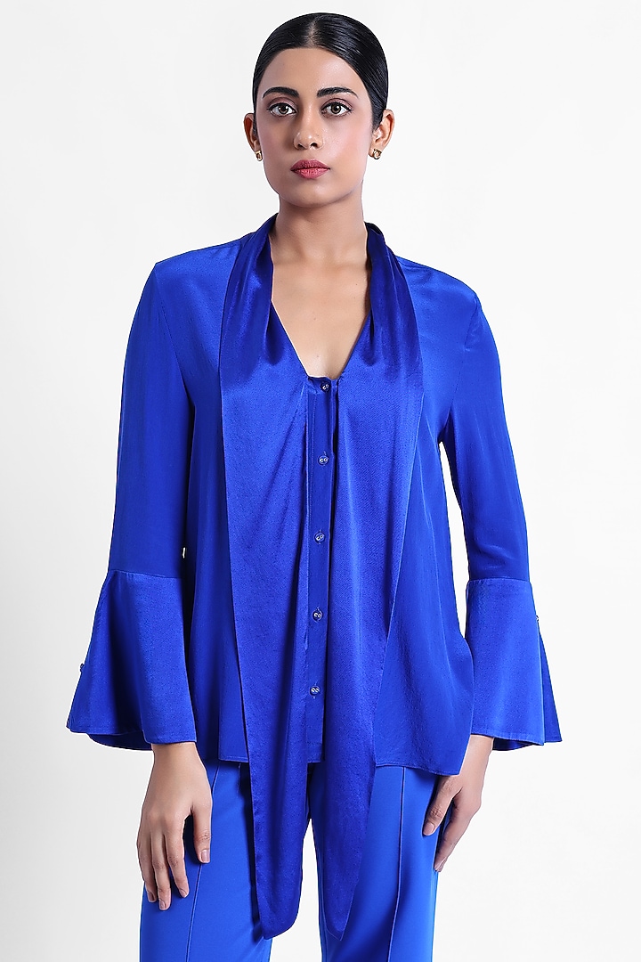 Blue Silk Crepe & Satin Front-Tie Top by Sonal Singh at Pernia's Pop Up Shop