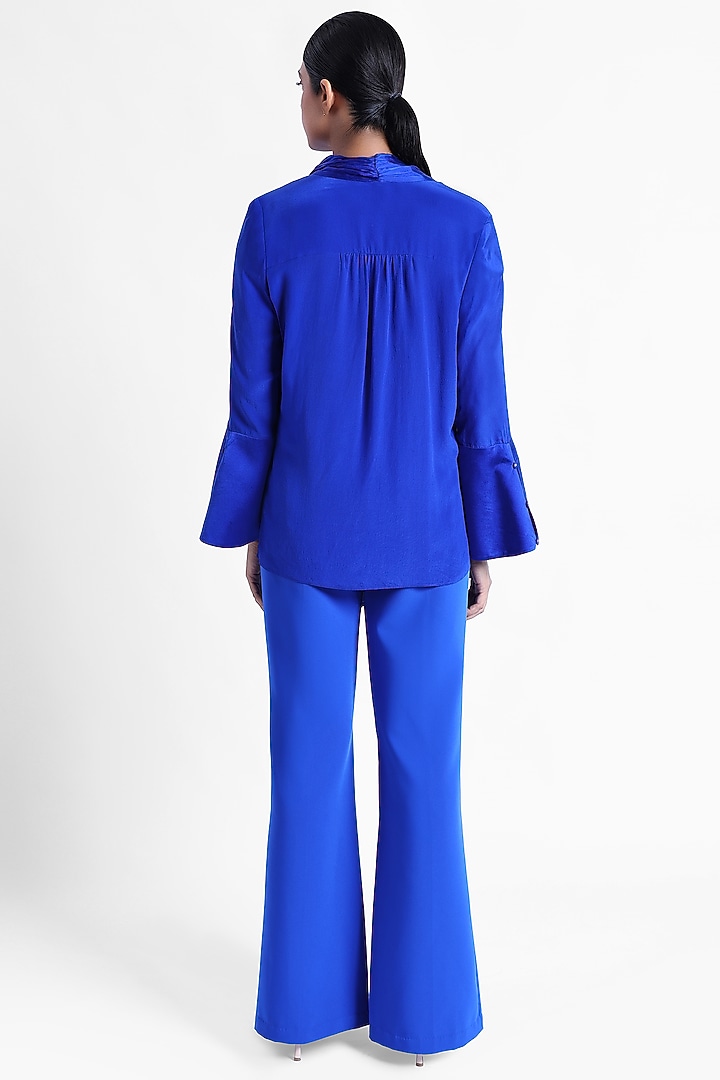 Blue Silk Crepe & Satin Front-Tie Top by Sonal Singh at Pernia's Pop Up Shop