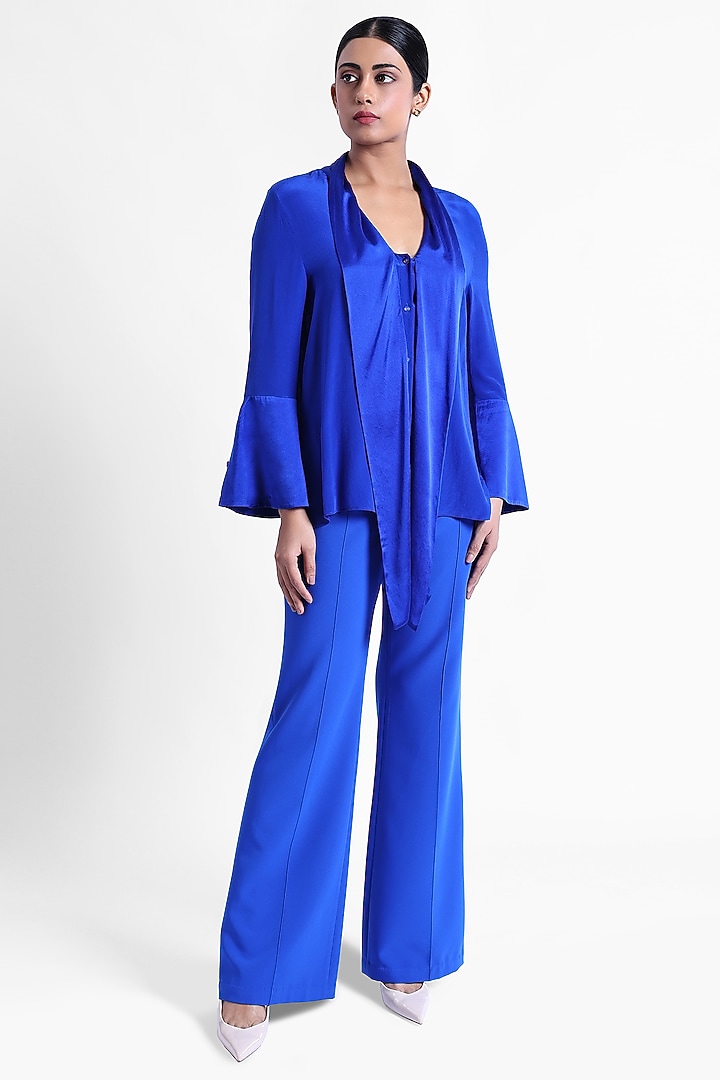 Blue Silk Crepe & Satin Front-Tie Top by Sonal Singh at Pernia's Pop Up Shop
