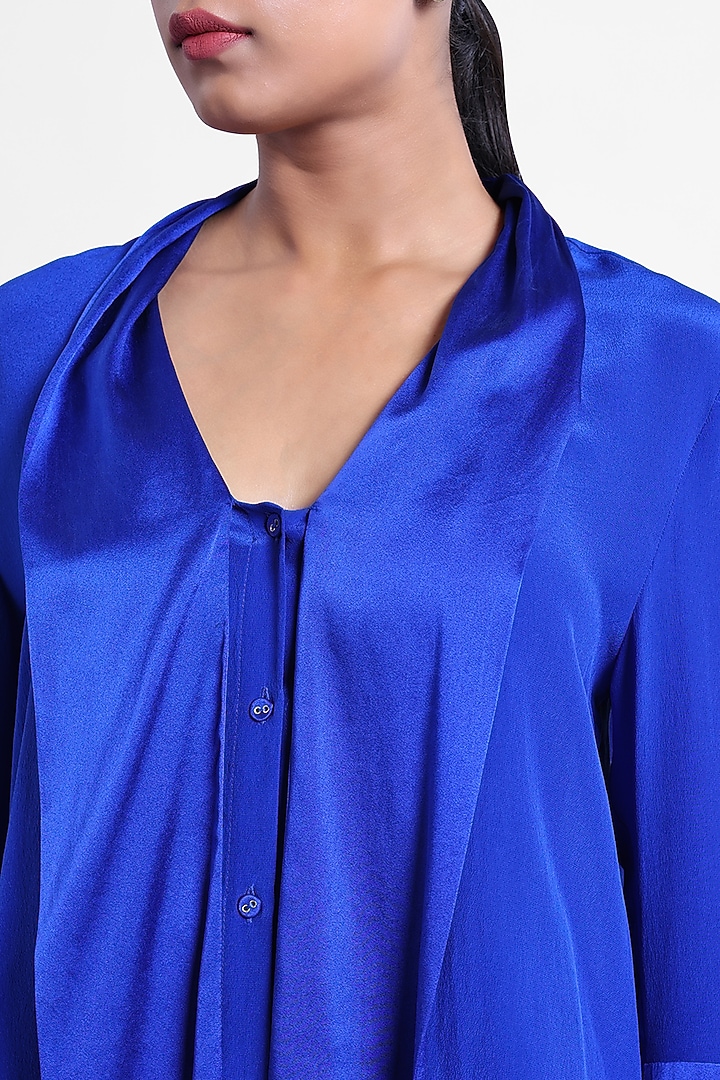 Blue Silk Crepe & Satin Front-Tie Top by Sonal Singh at Pernia's Pop Up Shop