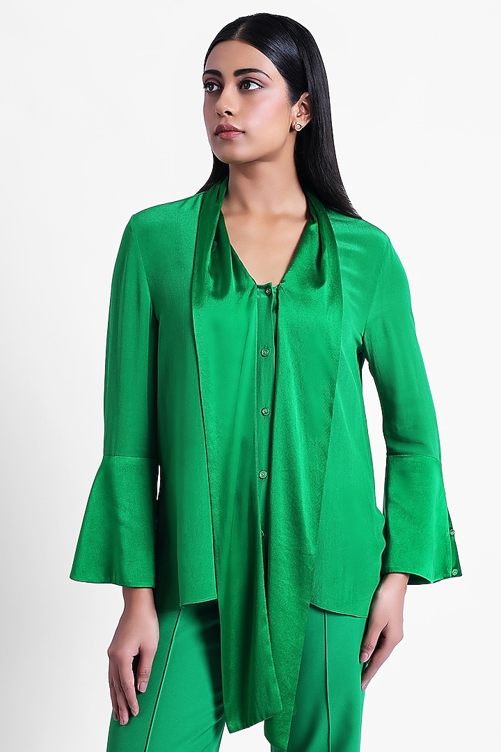 Green Silk Crepe & Satin Front-Tie Top by Sonal Singh at Pernia's Pop Up Shop