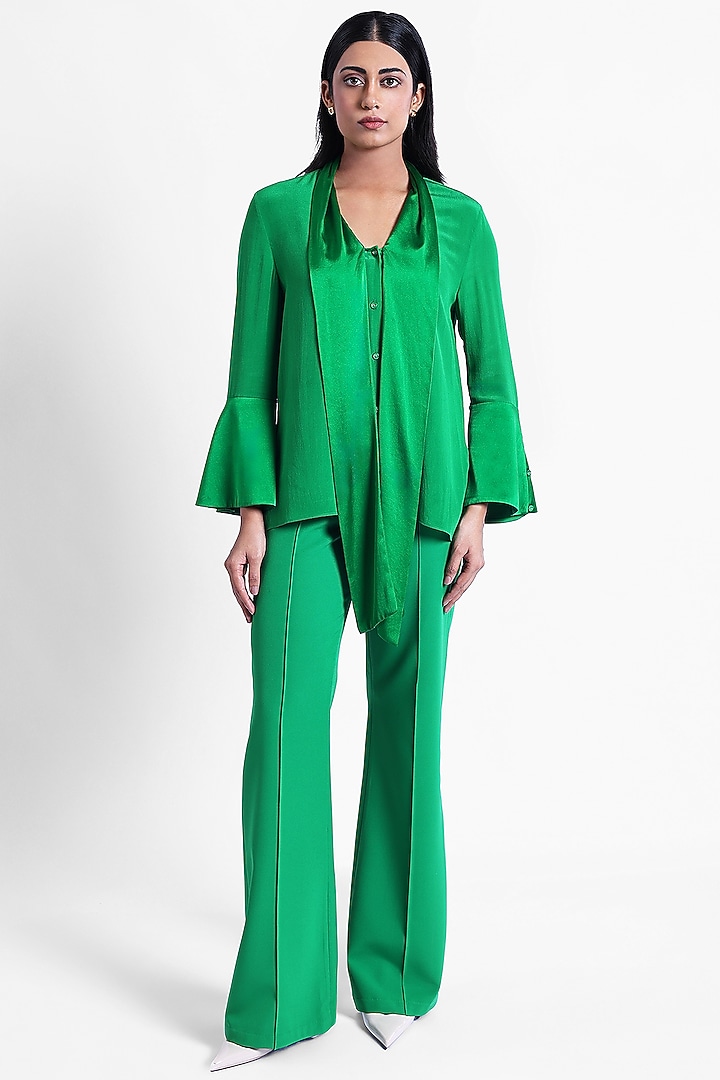 Green Silk Crepe & Satin Front-Tie Top by Sonal Singh at Pernia's Pop Up Shop